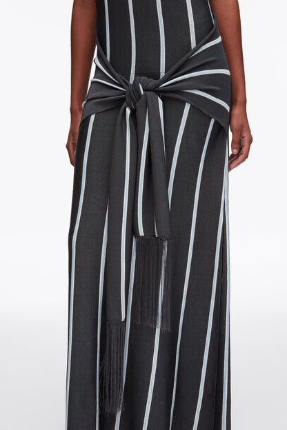Stripe Midi Dress with Fringe Waist Tie Slate Multi