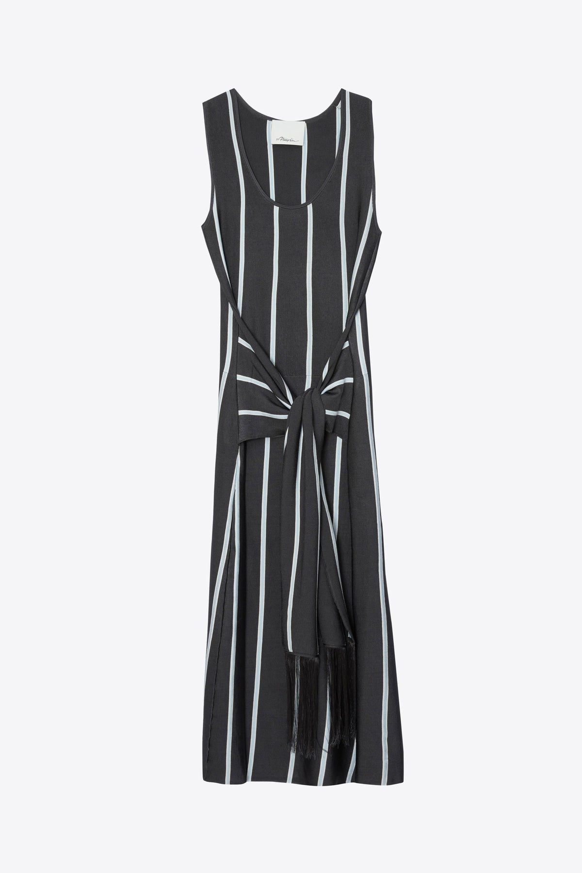 Stripe Midi Dress with Fringe Waist Tie Slate Multi