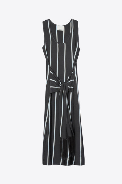Stripe Midi Dress with Fringe Waist Tie Slate Multi