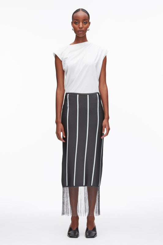 Stripe Midi Skirt with Fringe Slate Multi