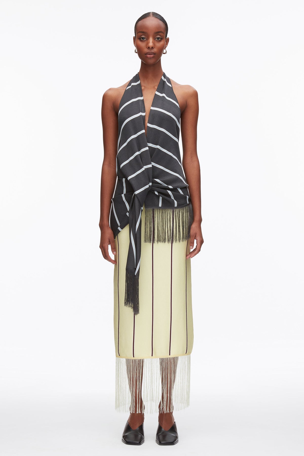 Draped Stripe Halter Top with Fringe Slate Multi
