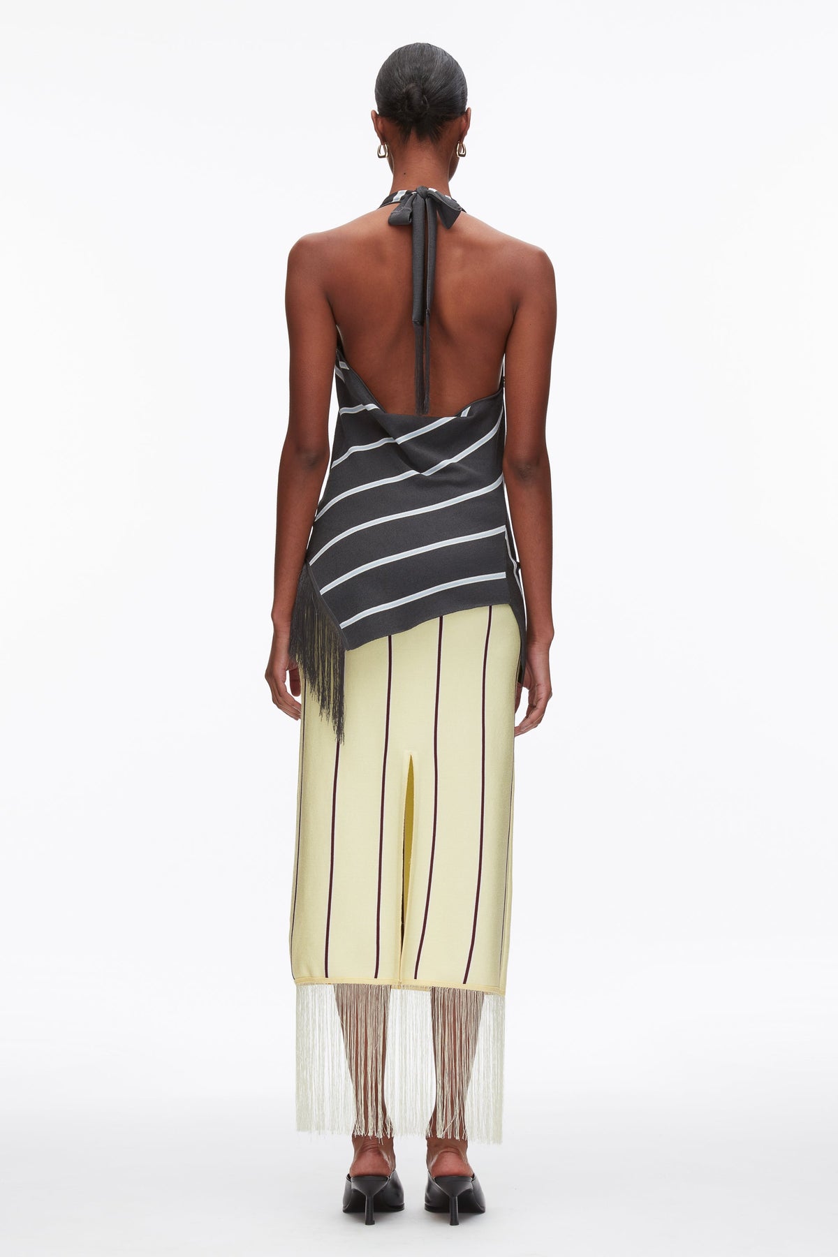 Draped Stripe Halter Top with Fringe Slate Multi