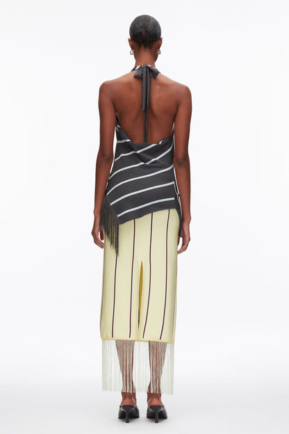 Draped Stripe Halter Top with Fringe Slate Multi