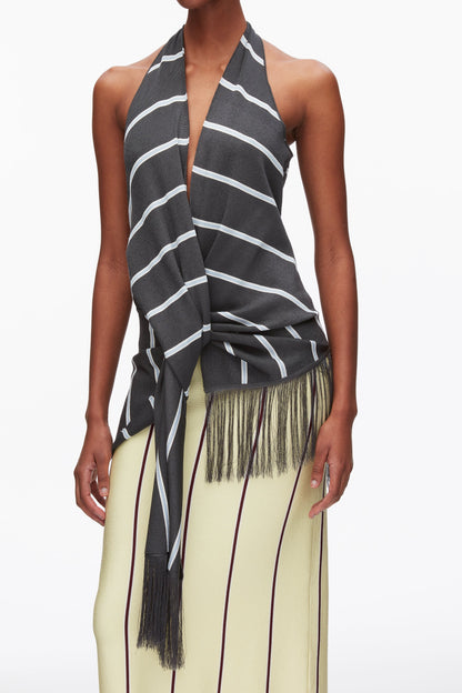 Draped Stripe Halter Top with Fringe Slate Multi
