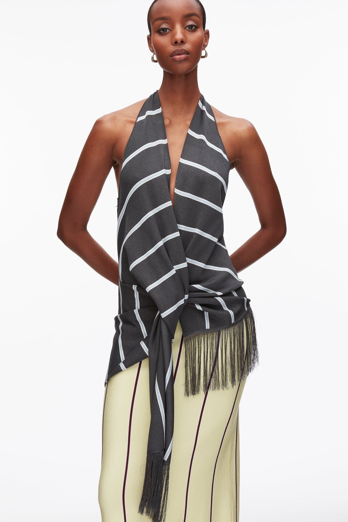 Draped Stripe Halter Top with Fringe Slate Multi