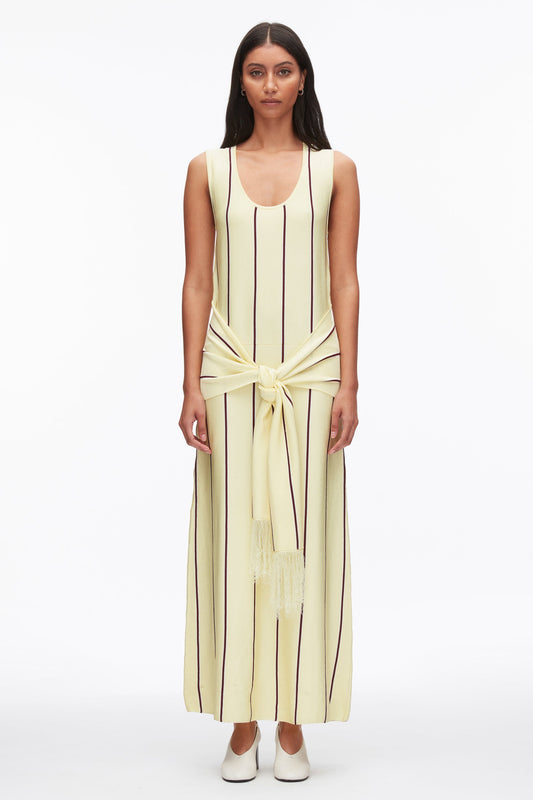 Stripe Midi Dress with Fringe Waist Tie Yuzu Multi
