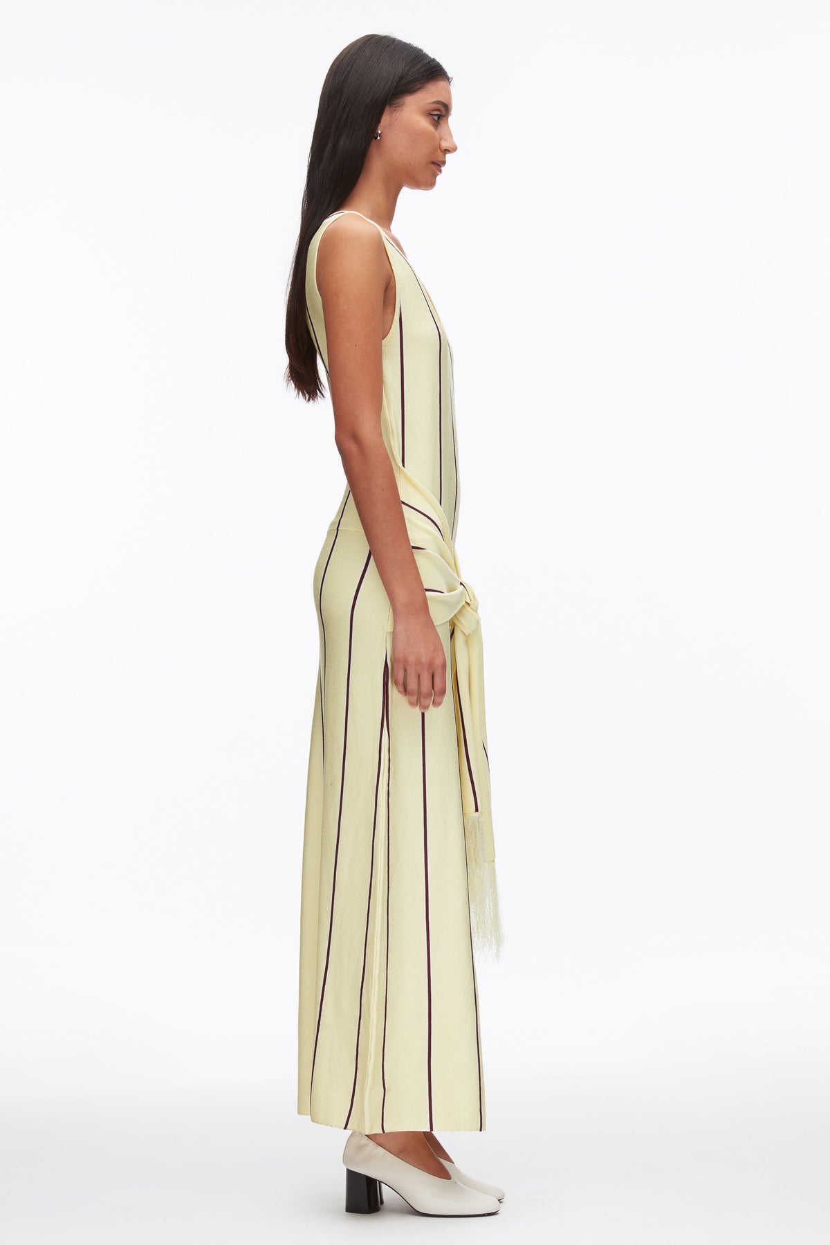 Stripe Midi Dress with Fringe Waist Tie Yuzu Multi