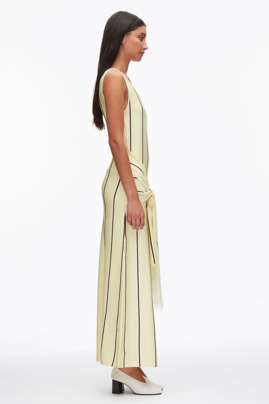 Stripe Midi Dress with Fringe Waist Tie Yuzu Multi