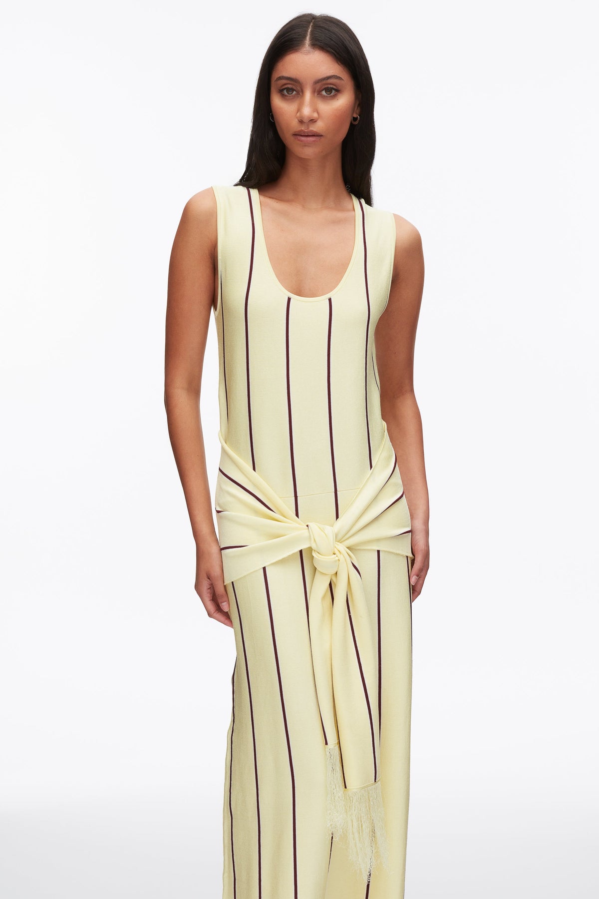 Stripe Midi Dress with Fringe Waist Tie Yuzu Multi