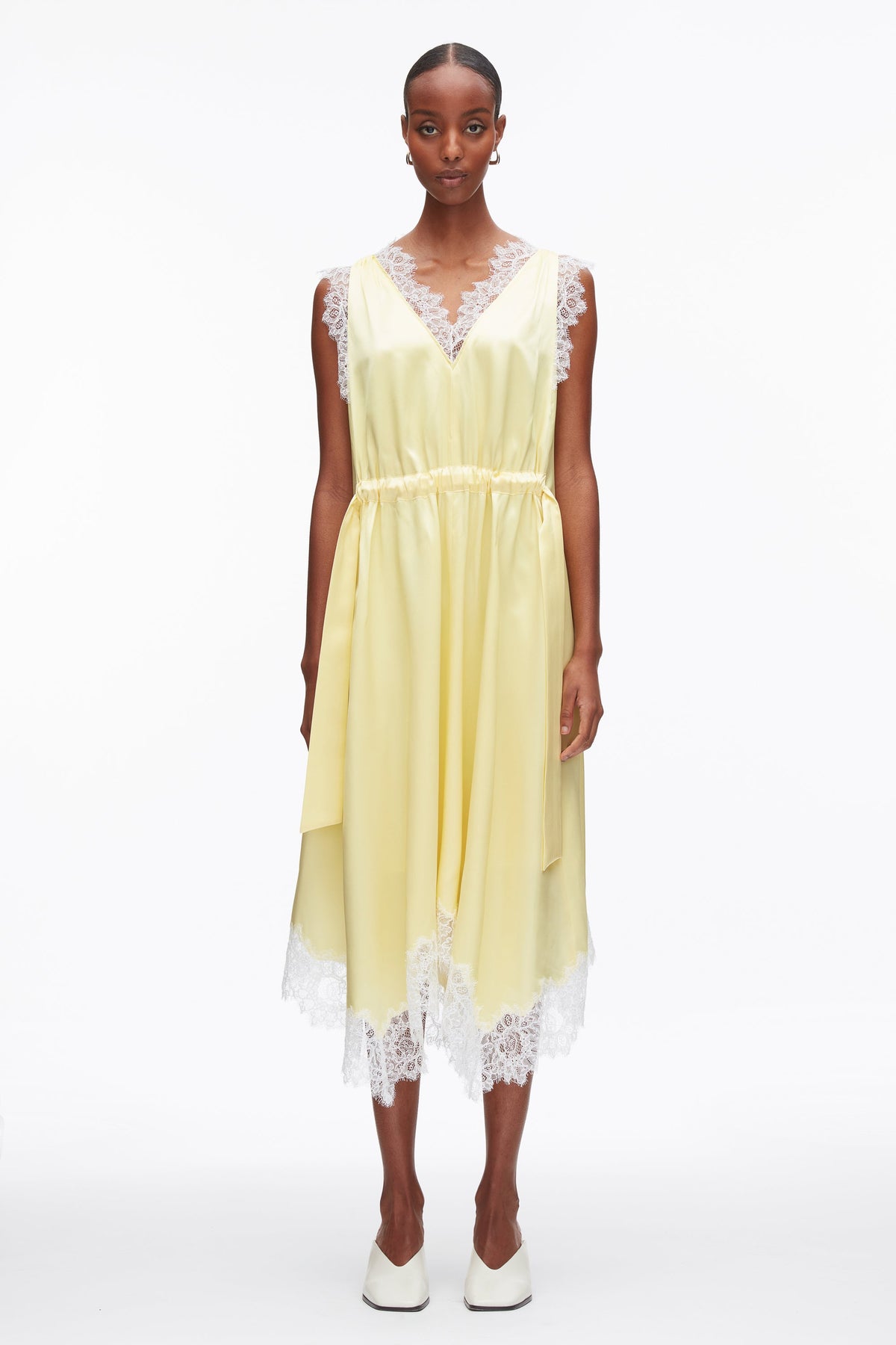 V-Neck Midi Dress with Lace Trim Yuzu