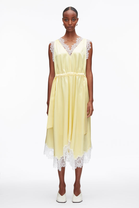 V-Neck Midi Dress with Lace Trim Yuzu