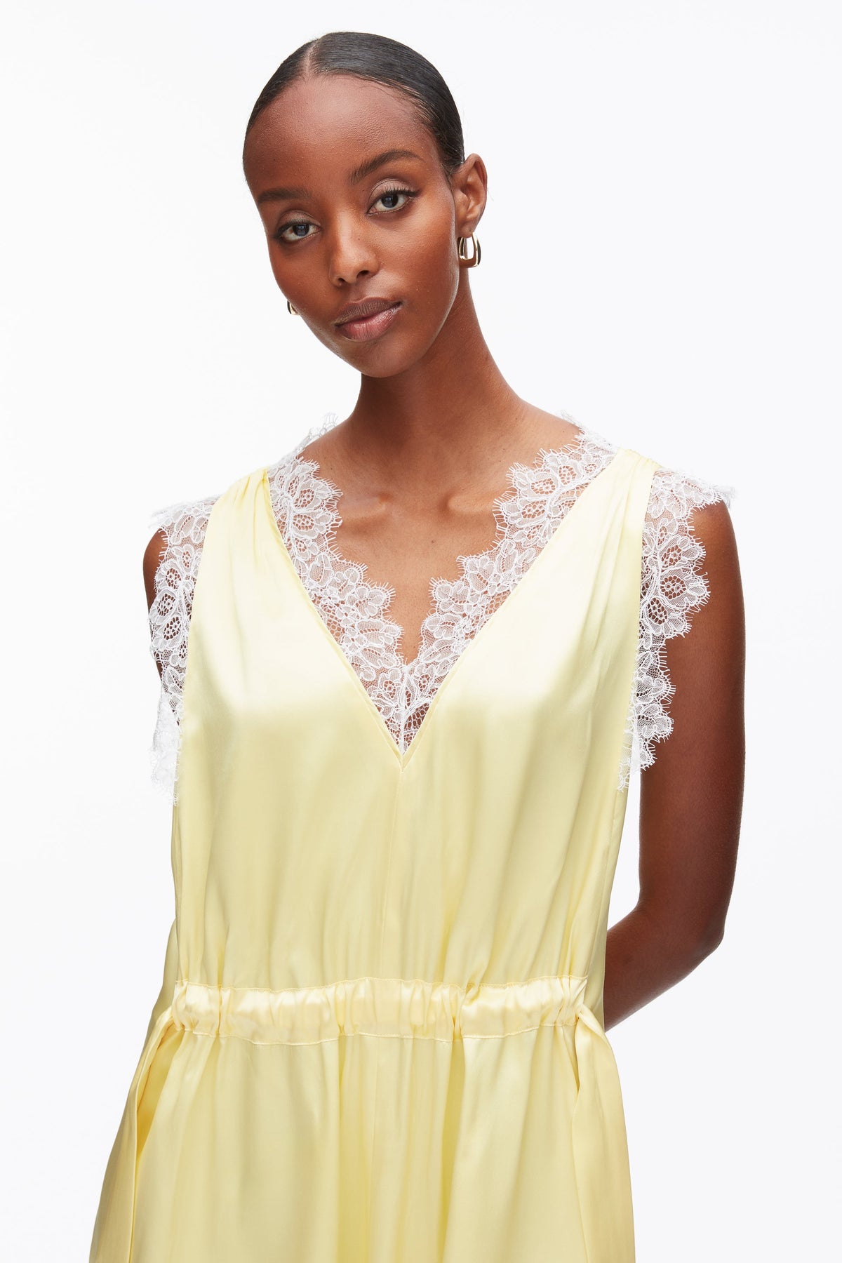 V-Neck Midi Dress with Lace Trim Yuzu