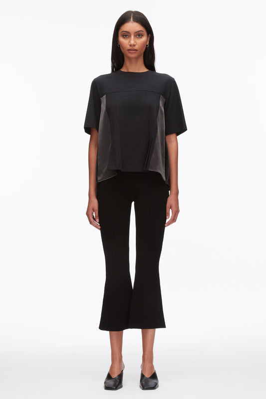 Puff Sleeve Flounce T-Shirt with Satin Panels Black-Slate