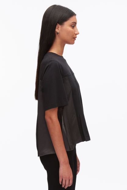 Puff Sleeve Flounce T-Shirt with Satin Panels Black-Slate