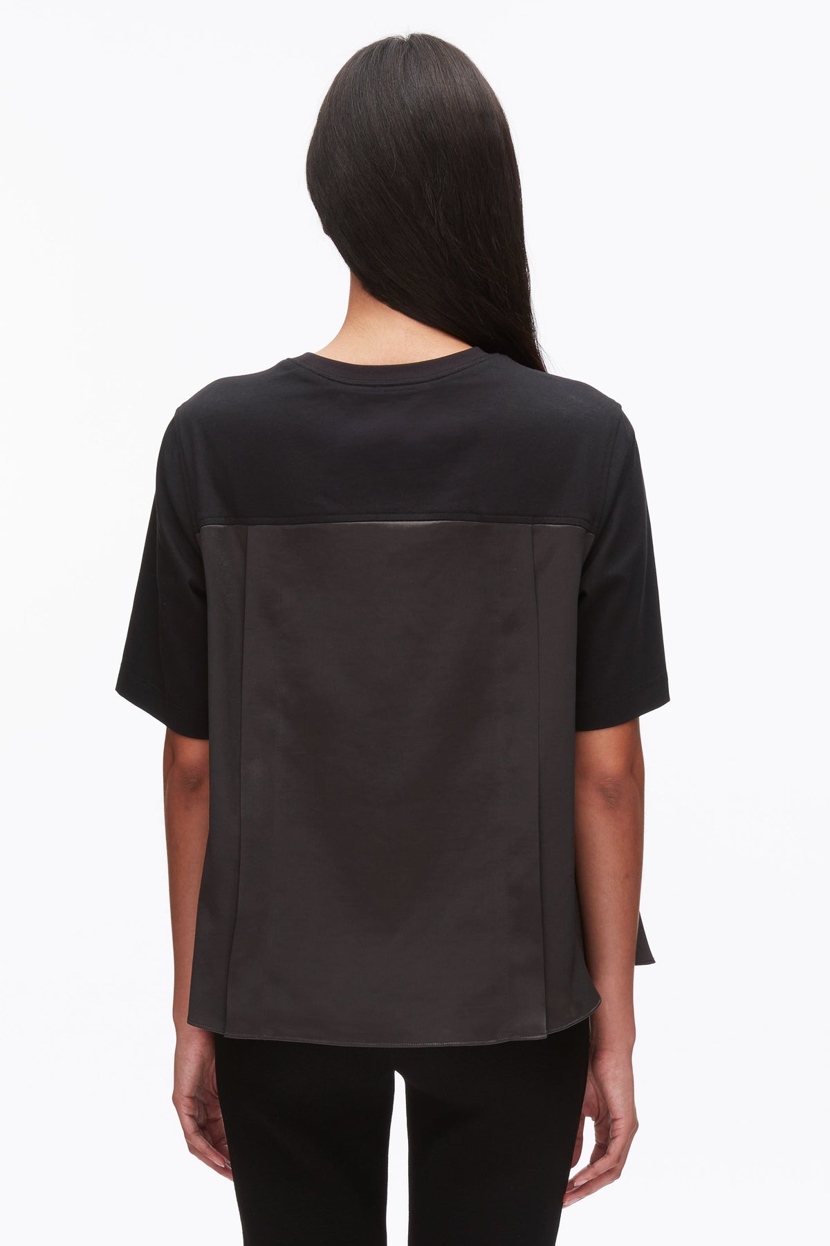 Puff Sleeve Flounce T-Shirt with Satin Panels Black-Slate