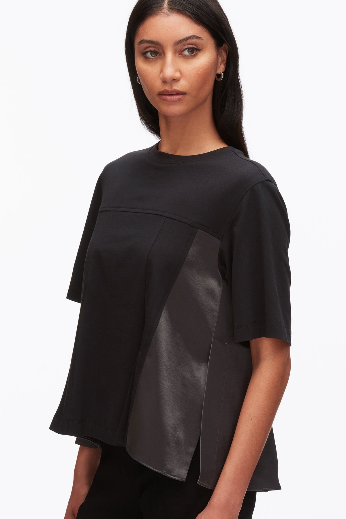 Puff Sleeve Flounce T-Shirt with Satin Panels Black-Slate