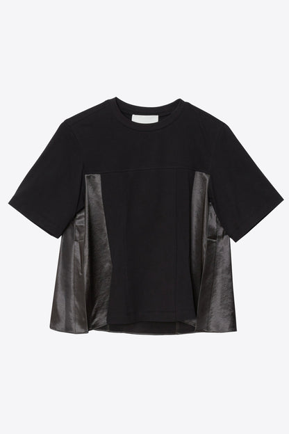 Puff Sleeve Flounce T-Shirt with Satin Panels Black-Slate