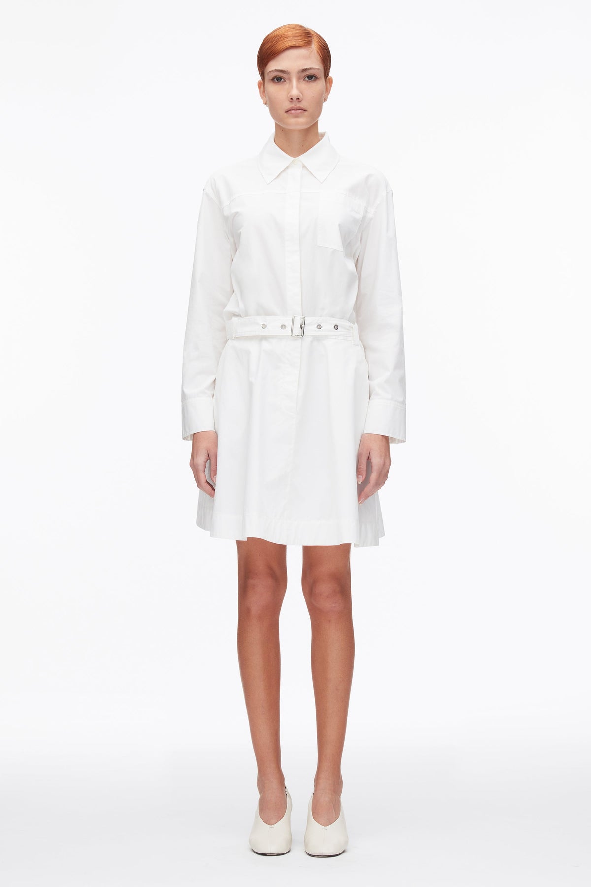 Belted Structured Cotton Shirt Dress White