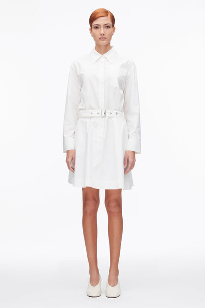 Belted Structured Cotton Shirt Dress White