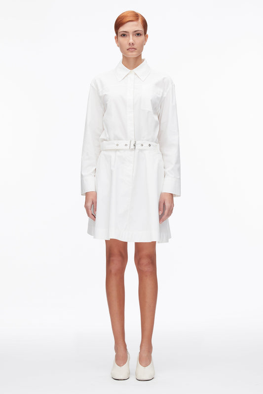 Belted Structured Cotton Shirt Dress White
