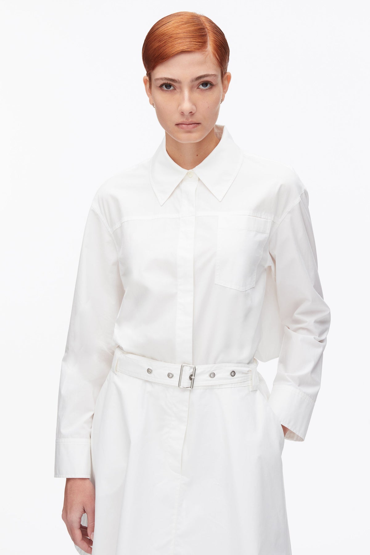 Belted Structured Cotton Shirt Dress White