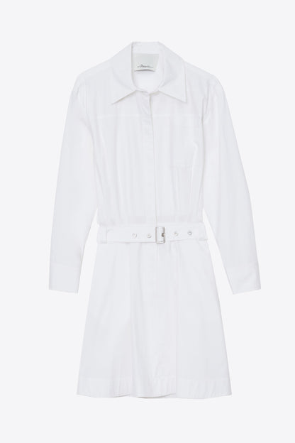 Belted Structured Cotton Shirt Dress White