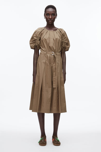 Poplin Ruched Sleeve Midi Dress Caper