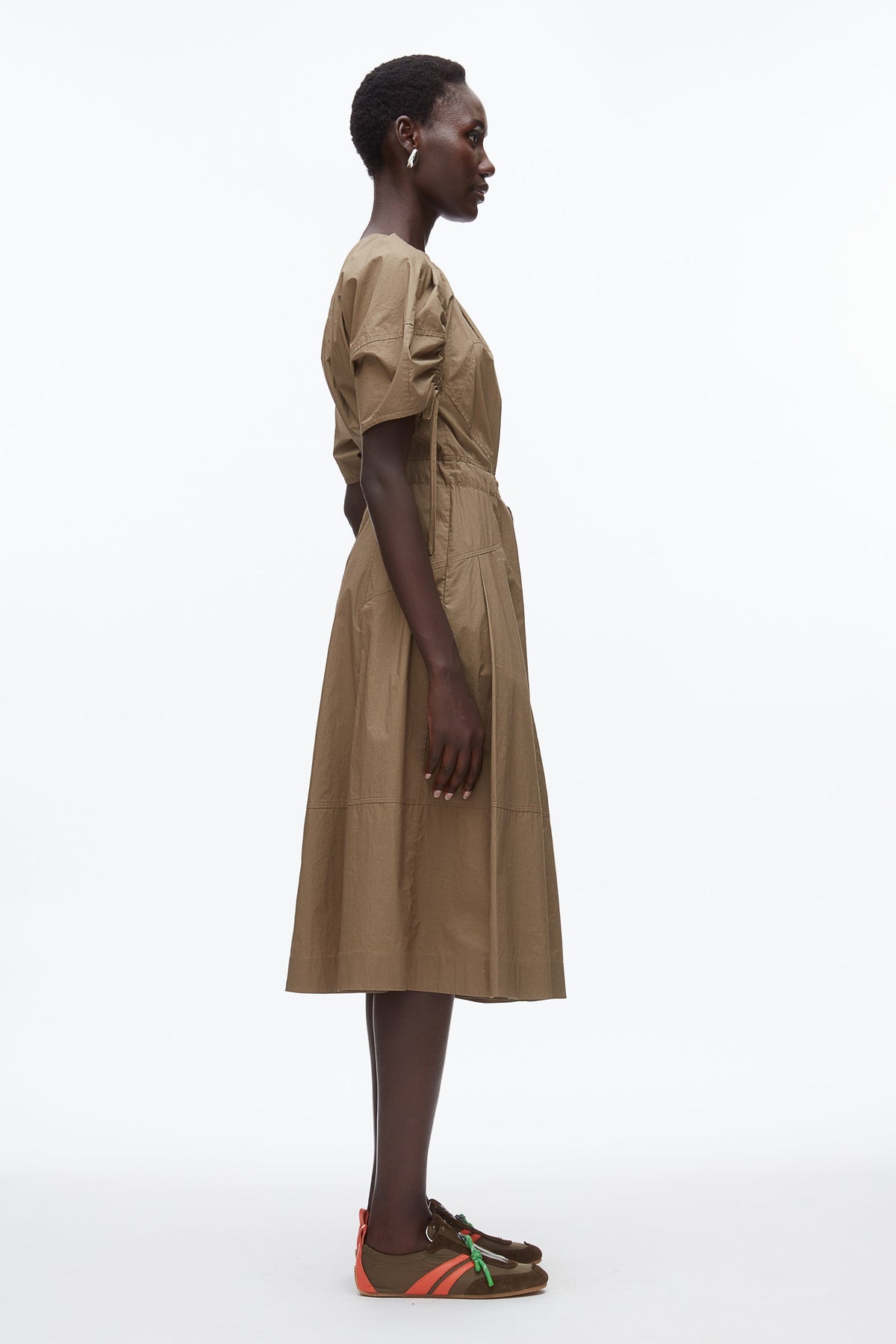 Poplin Ruched Sleeve Midi Dress Caper