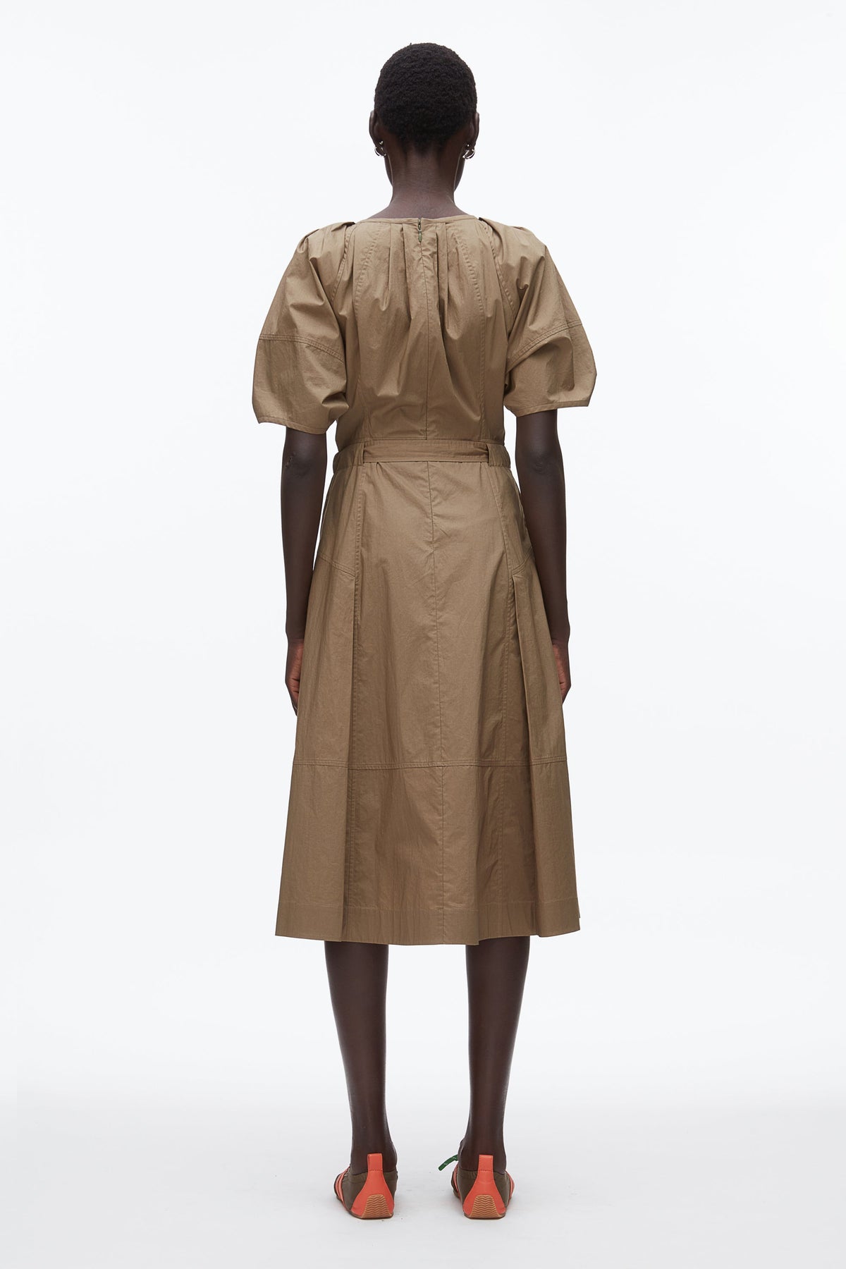 Poplin Ruched Sleeve Midi Dress Caper