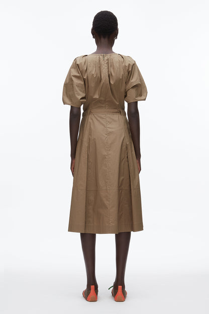 Poplin Ruched Sleeve Midi Dress Caper