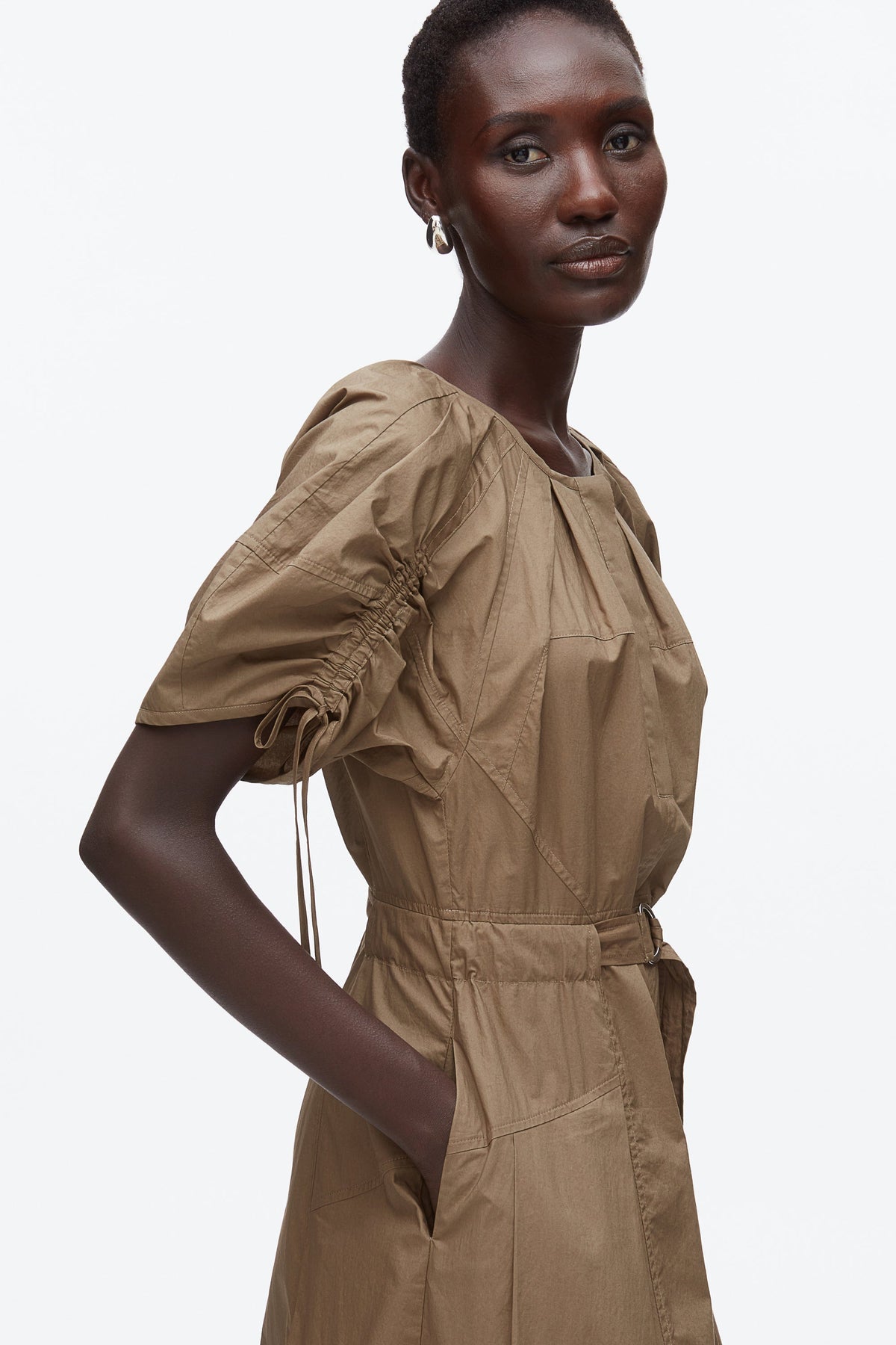Poplin Ruched Sleeve Midi Dress Caper