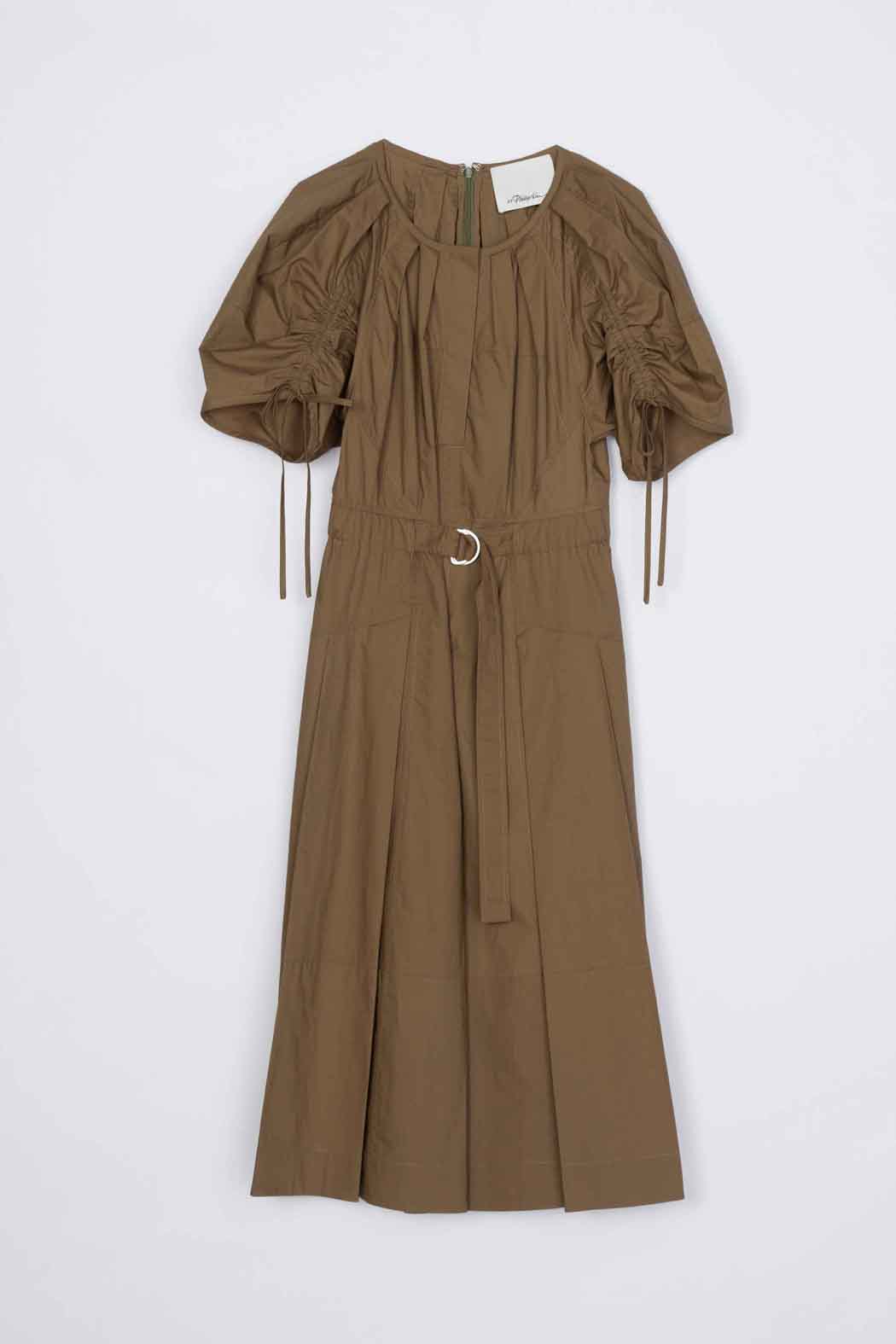 Poplin Ruched Sleeve Midi Dress Caper