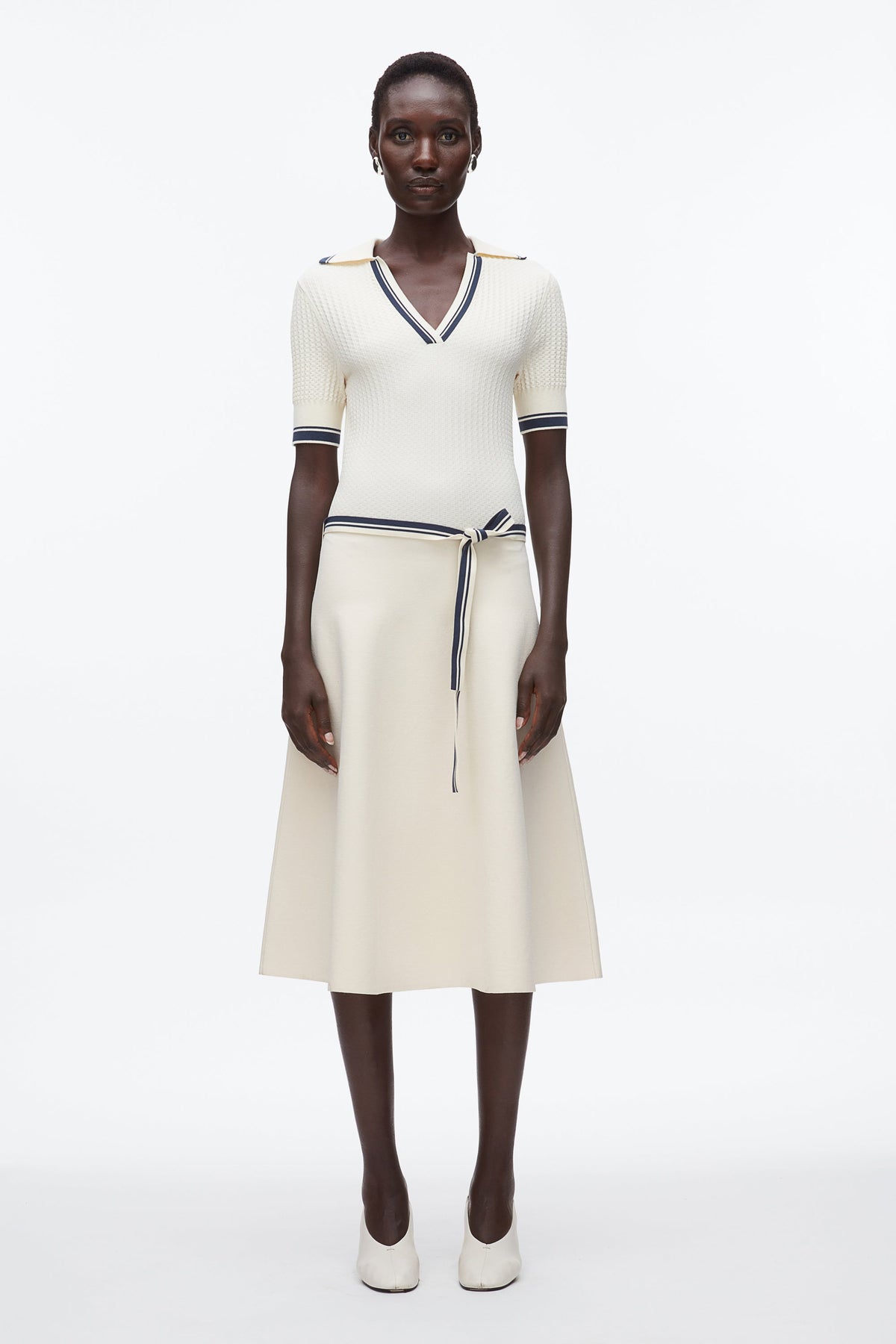 Textured Rib Polo Midi Dress Ecru-Navy