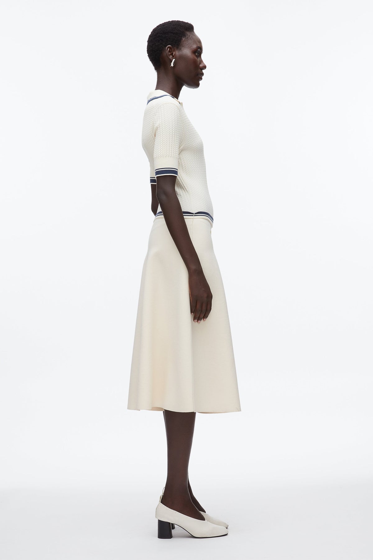 Textured Rib Polo Midi Dress Ecru-Navy