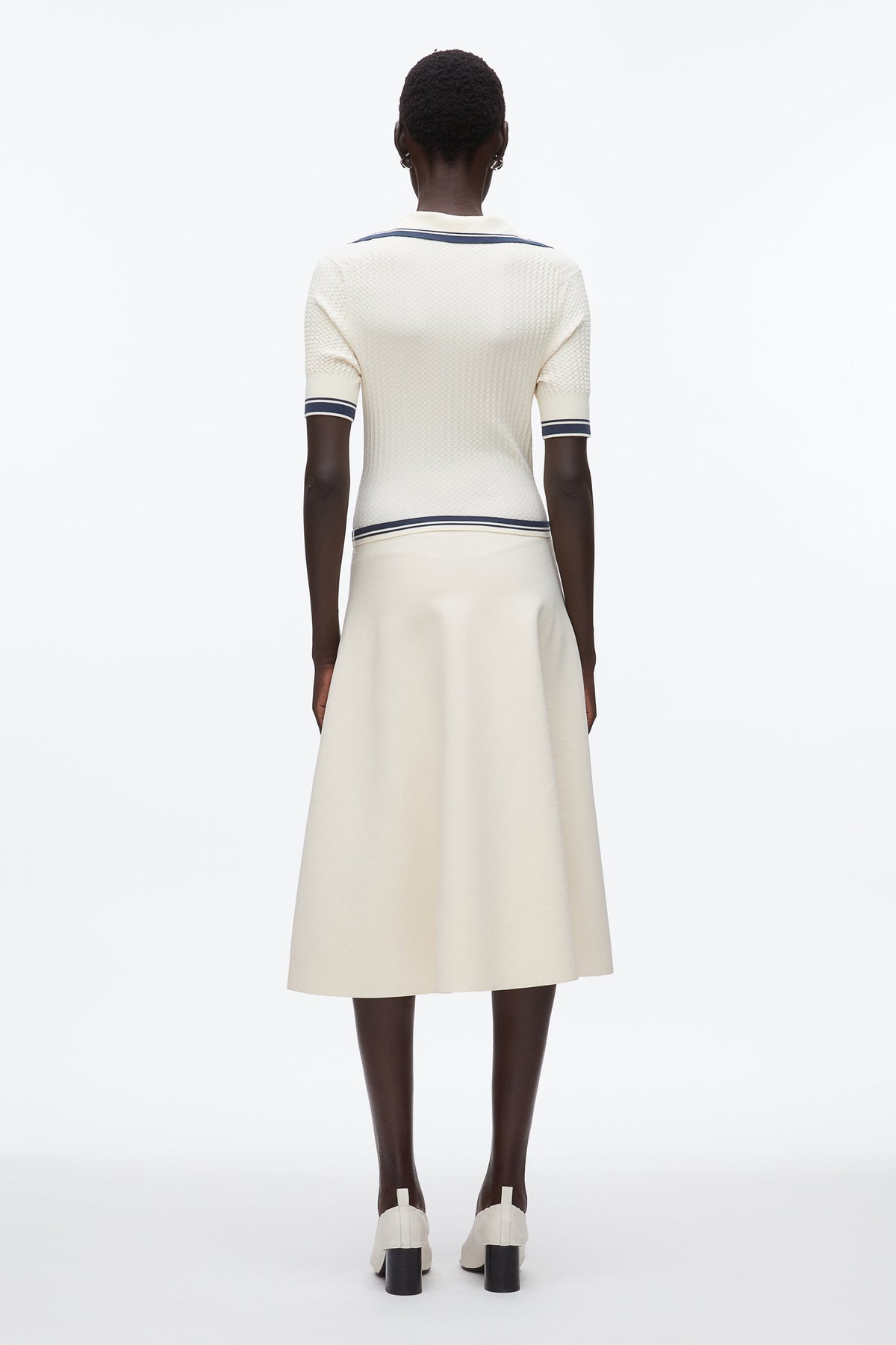 Textured Rib Polo Midi Dress Ecru-Navy