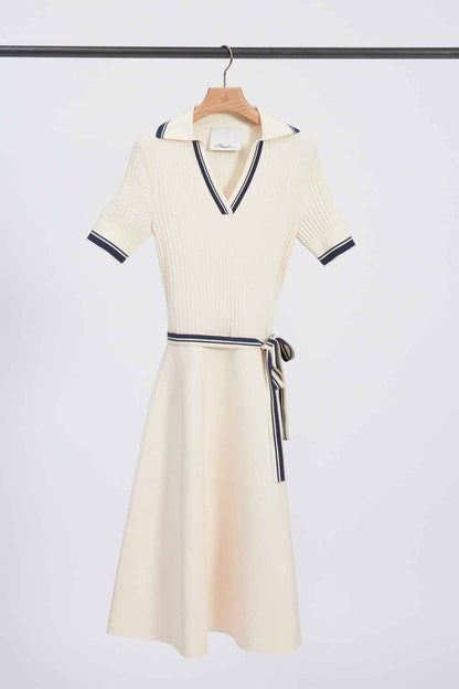 Textured Rib Polo Midi Dress Ecru-Navy