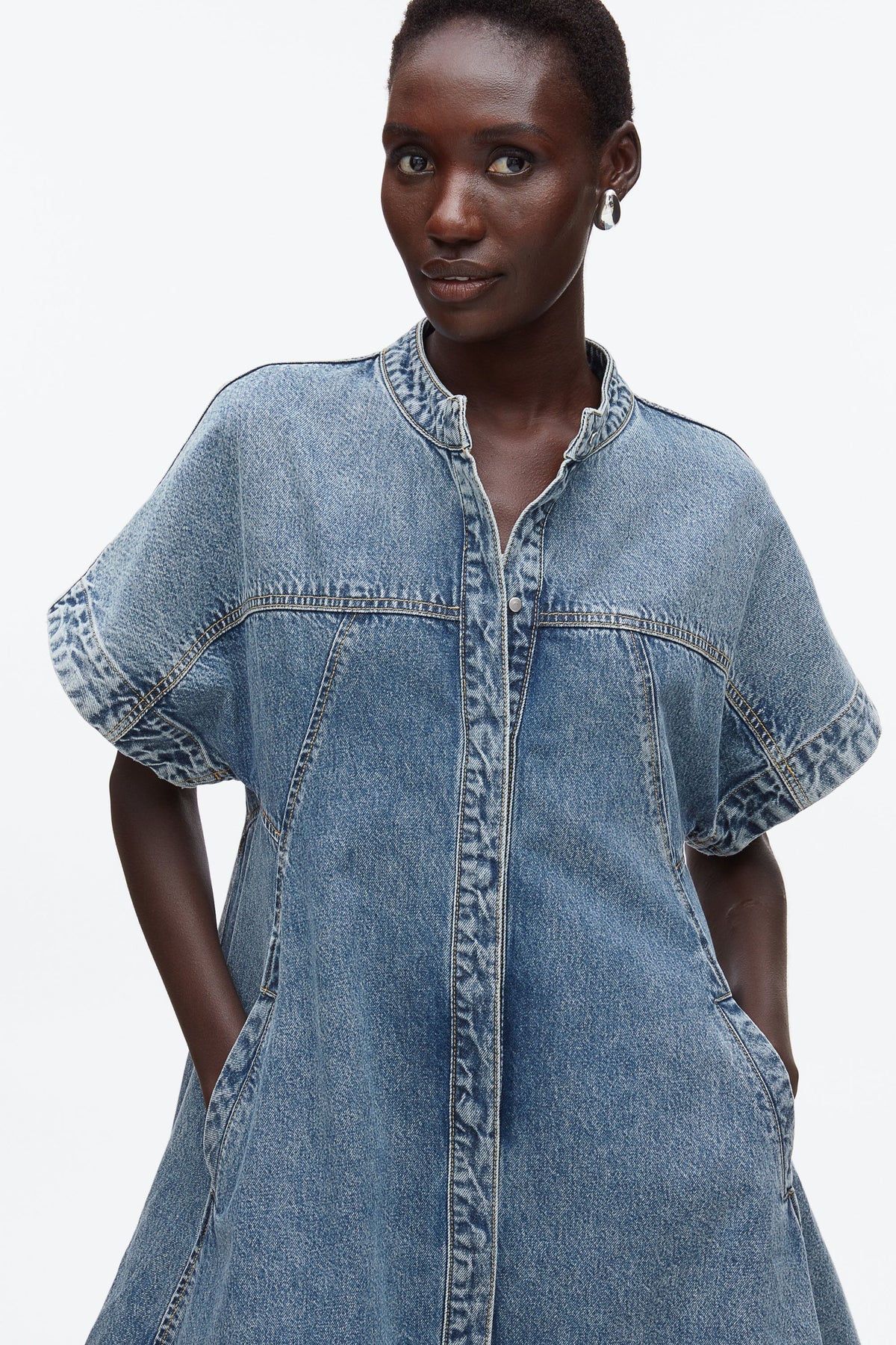 Trapeze Light Denim Dress Washed Medium Blue