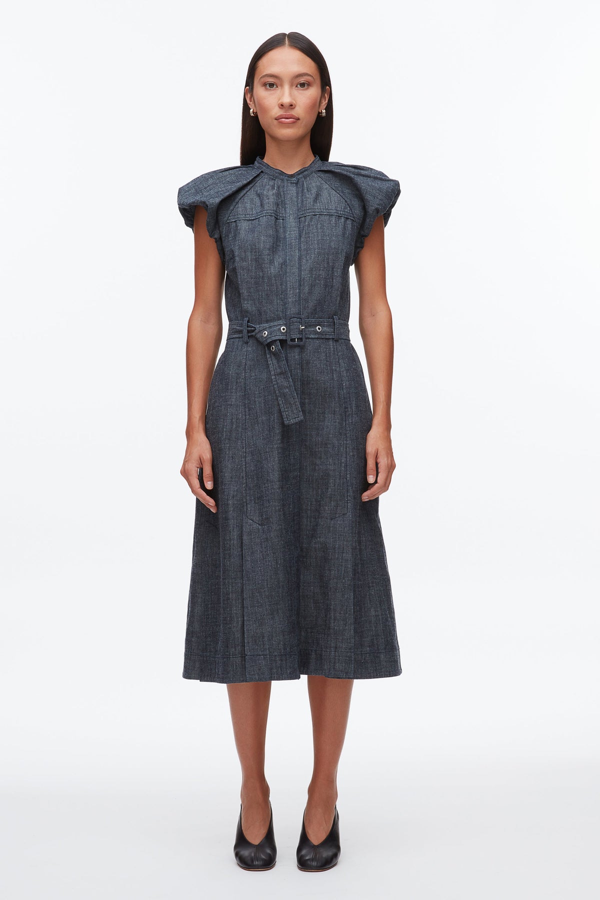 Denim Puff Sleeve Dress Washed Indigo