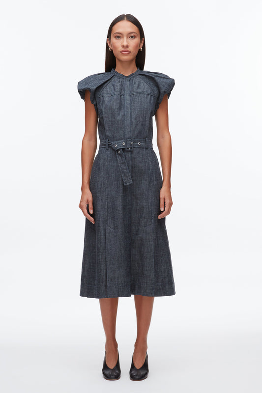 Denim Puff Sleeve Dress Washed Indigo