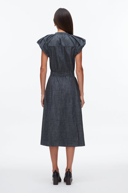 Denim Puff Sleeve Dress Washed Indigo