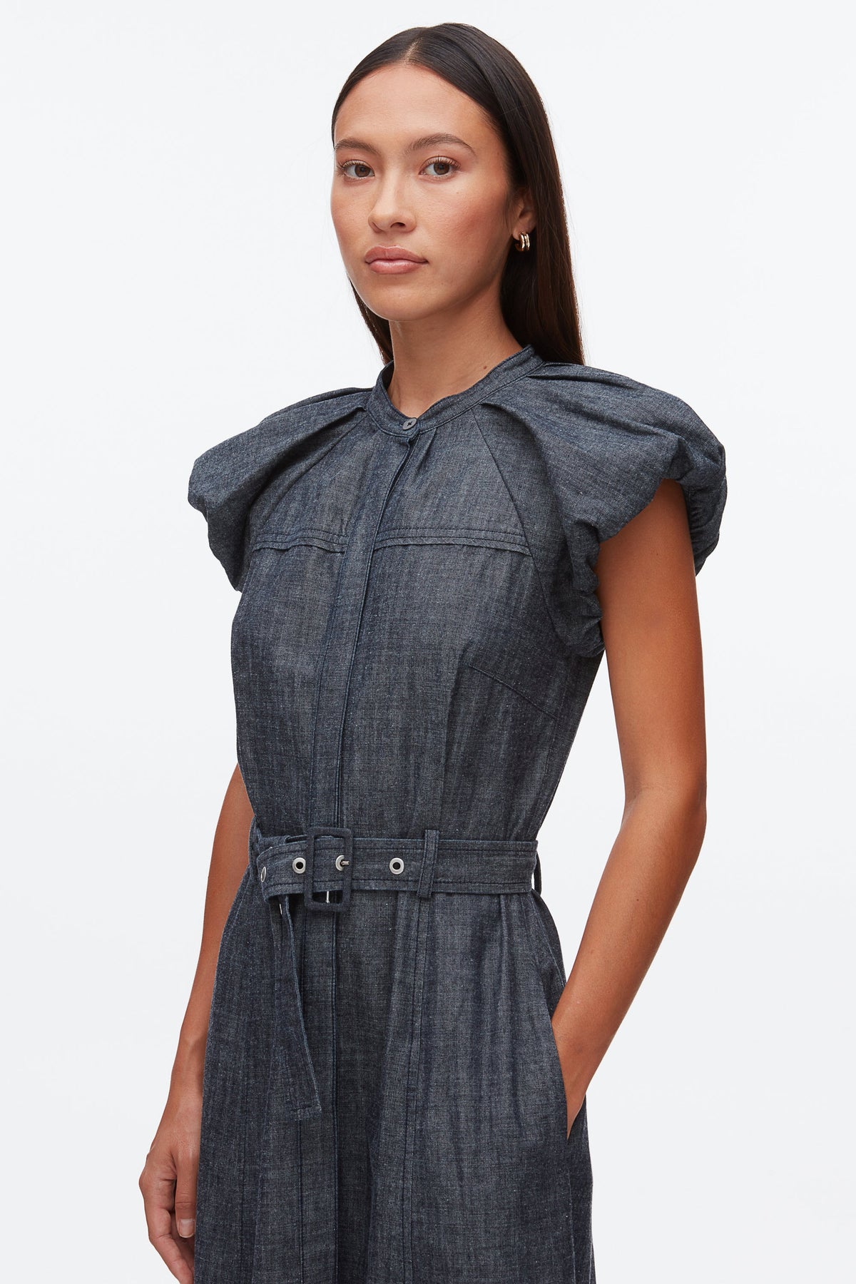 Denim Puff Sleeve Dress Washed Indigo