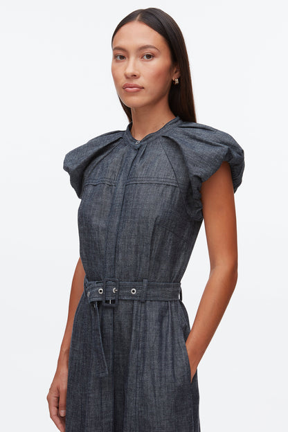 Denim Puff Sleeve Dress Washed Indigo
