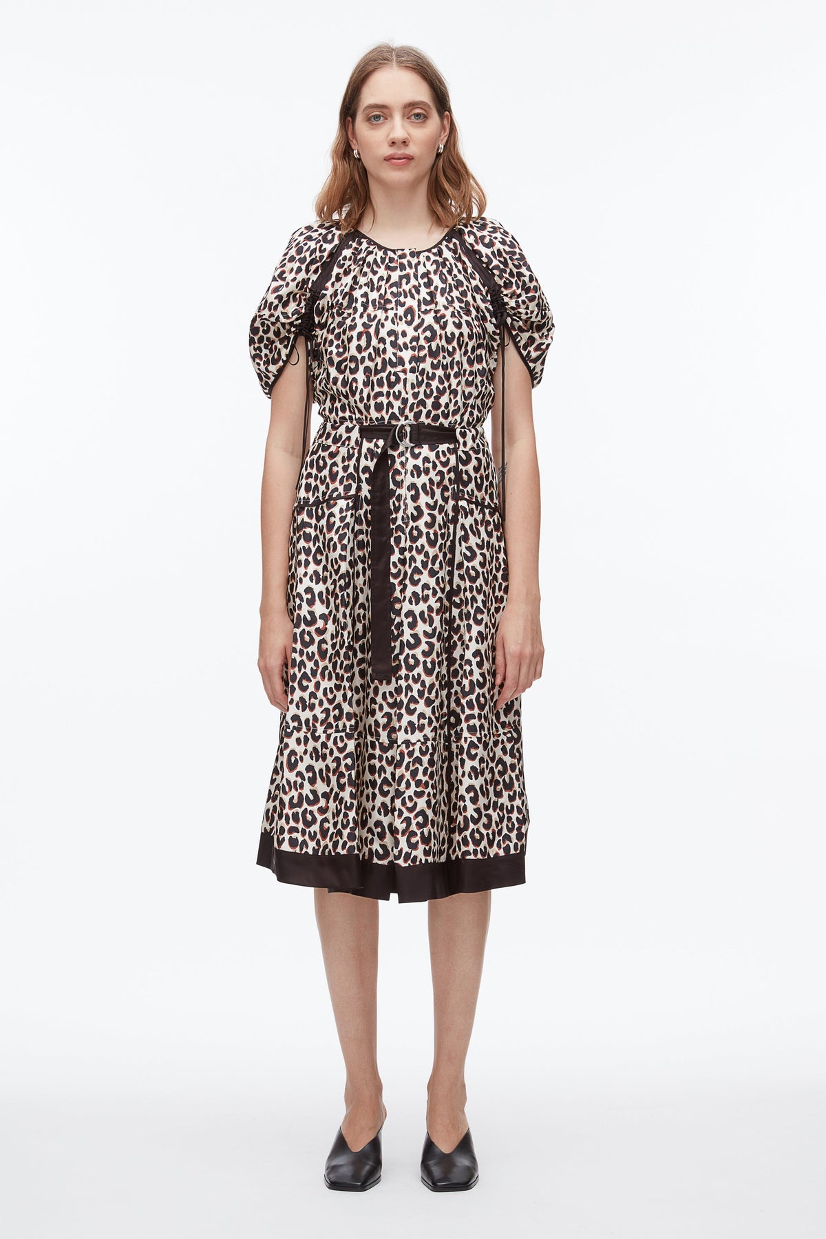 Leopard Ruched Sleeve Midi Dress Chalk Multi