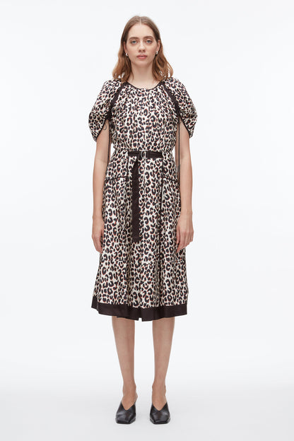 Leopard Ruched Sleeve Midi Dress Chalk Multi