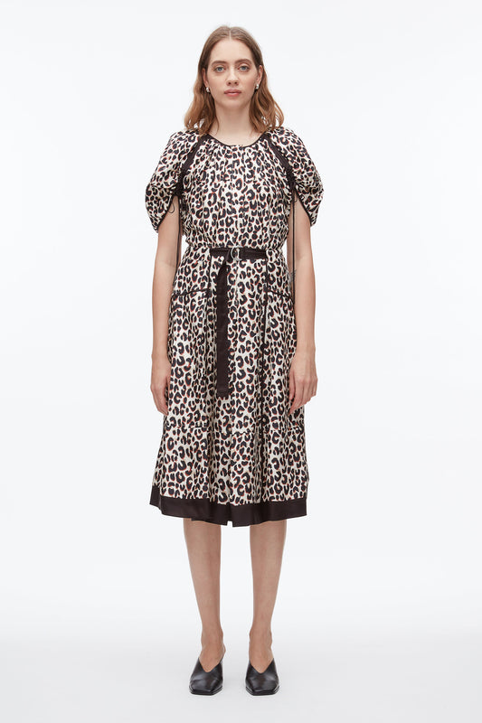 Leopard Ruched Sleeve Midi Dress Chalk Multi