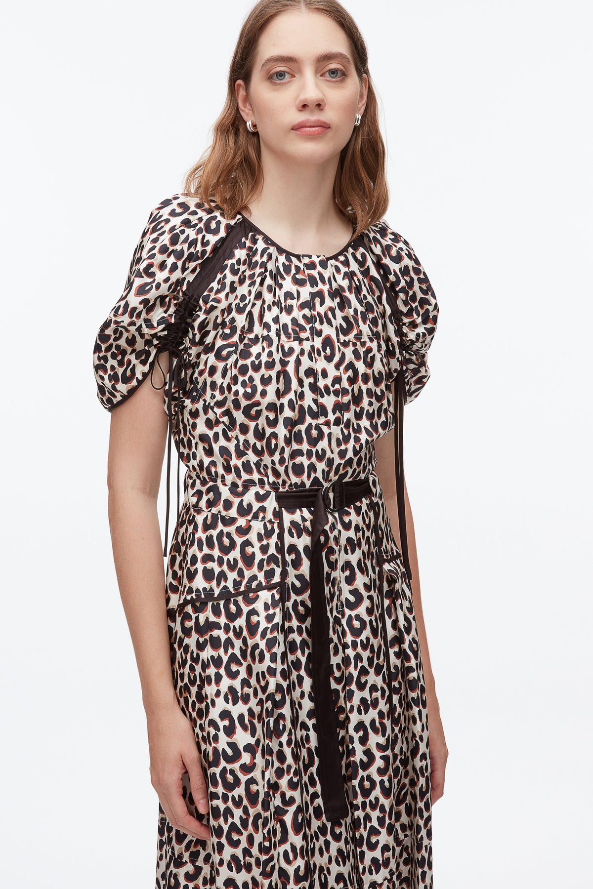 Leopard Ruched Sleeve Midi Dress Chalk Multi