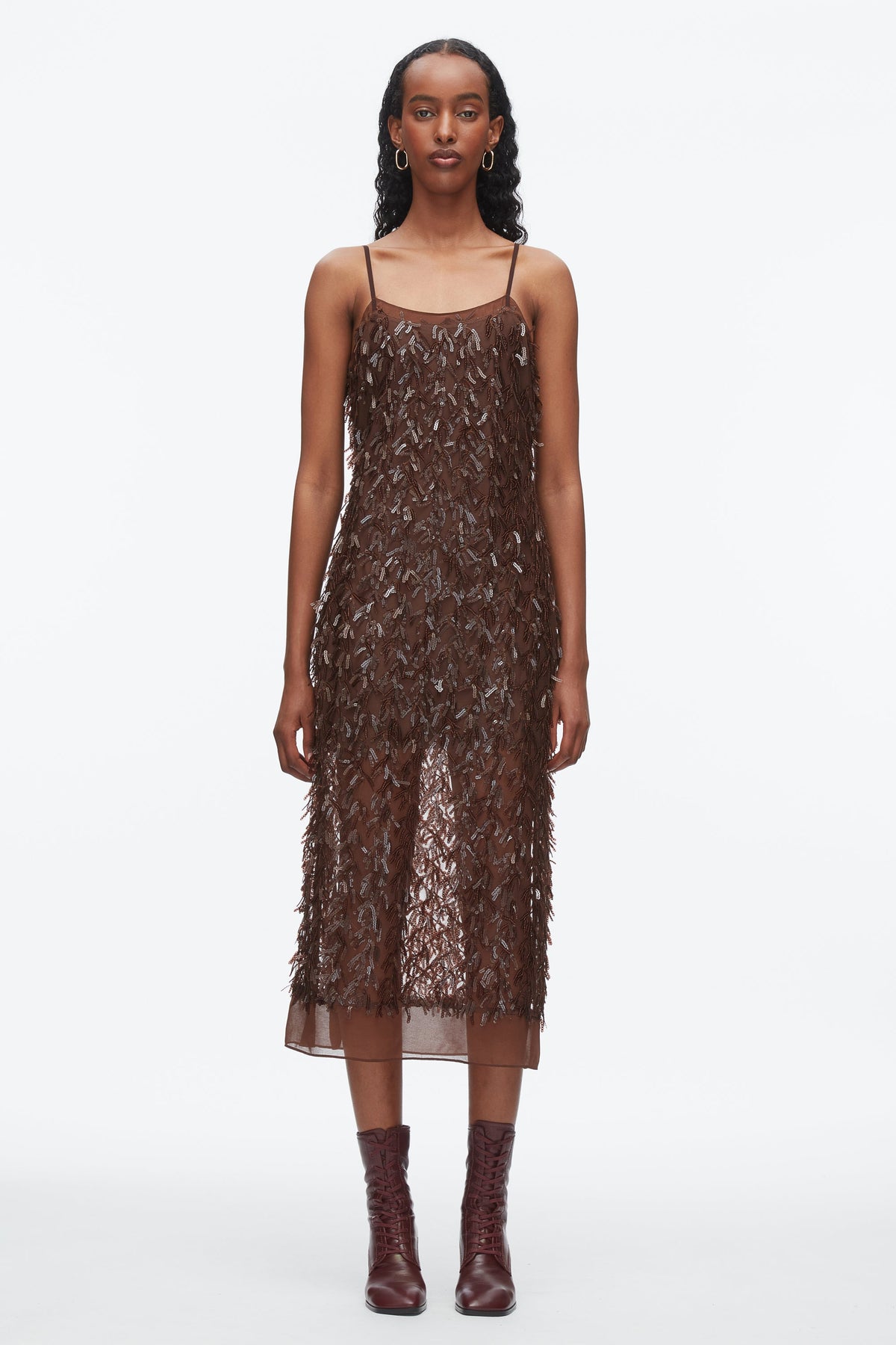 Fringe Sequins Slip Dress Chocolate