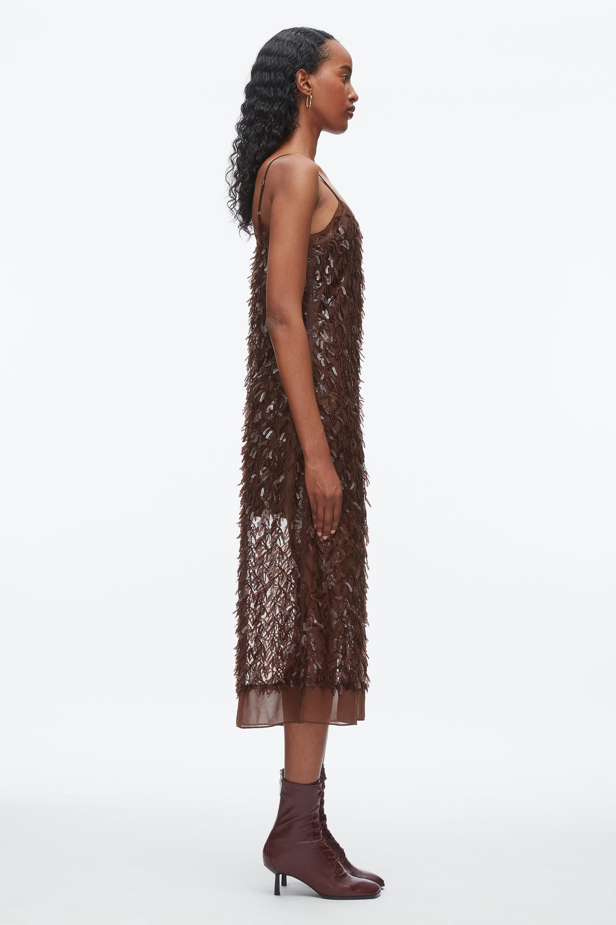 Fringe Sequins Slip Dress Chocolate