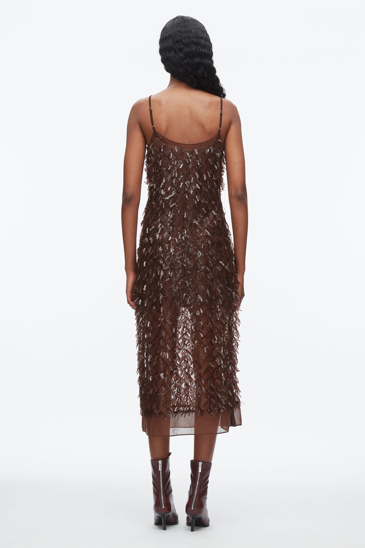 Fringe Sequins Slip Dress Chocolate