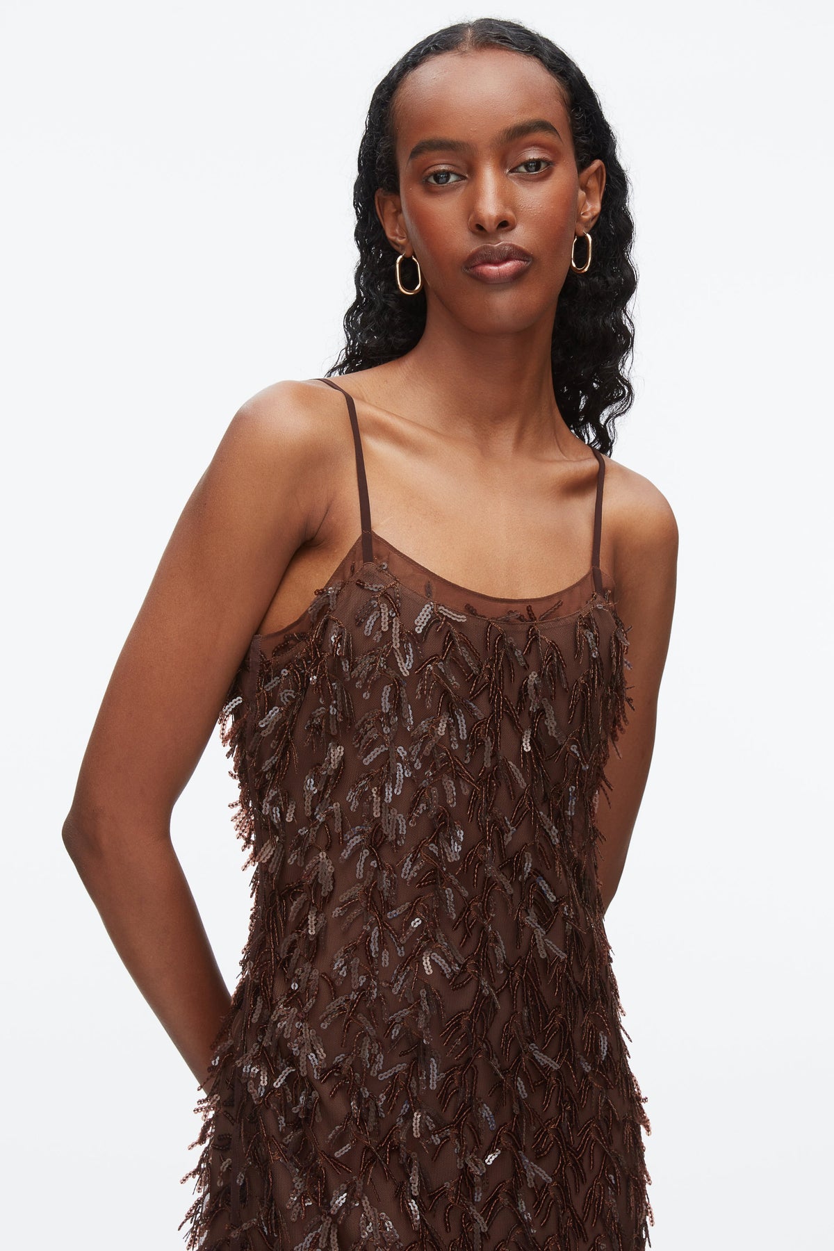 Fringe Sequins Slip Dress Chocolate